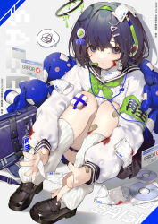  1girl absurdres bag bandaid bandaid_on_cheek bandaid_on_face bandaid_on_knee bandaid_on_leg black_halo black_sailor_collar blood blood_on_cheek blood_on_clothes blood_on_face blue_eyes blue_neckerchief brown_hair brown_skirt chinese_commentary commentary_request dot_nose error_message eyelashes full_body gauze gauze_on_knee green_hairband hair_ornament hairband halo headset highres holding leg_warmers long_sleeves looking_at_viewer mask moriyama_meiko mouth_mask mouth_mask_under_chin neckerchief parted_lips pleated_skirt sailor_collar school_bag school_uniform shirt short_hair sitting skirt solo speech_bubble student_self-governance_committee tears thigh_strap ui_(moriyama_meiko) white_leg_warmers white_shirt 