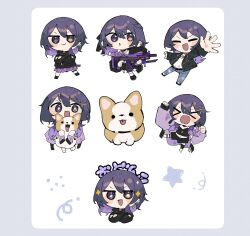  >_< +_+ 1girl :3 :d :o animal black_jacket black_shoes blue_pants blush_stickers border byako_(srktn) chibi chibi_only closed_eyes closed_mouth commentary commission crossed_arms d0nchqn dog double-parted_bangs full_body grey_border gun hair_ornament hairclip heterochromia highres holding holding_animal holding_gun holding_weapon indie_virtual_youtuber jacket jitome long_hair long_sleeves looking_at_viewer multiple_views open_clothes open_jacket open_mouth outstretched_arm pants parallel_hairclips pleated_skirt purple_hair purple_skirt shoes simple_background skeb_commission skirt smile standing untranslatable_commentary v-shaped_eyebrows violet_eyes weapon white_background yellow_eyes 