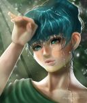  absurdres andromacke arm_up bangs blurry blurry_background collarbone foliage forest freckles green_eyes green_hair green_shirt highres hot light_rays lips messy_hair nature original outdoors shiny shiny_hair shirt short_hair sunbeam sunlight sweat wet wet_hair wiping_forehead 