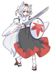  1girl absurdres animal_ear_fluff animal_ears black_skirt brown_sandals commentary_request detached_sleeves full_body geta grey_hair hat highres holding holding_shield holding_sword holding_weapon inubashiri_momiji looking_at_viewer nnn_lu one-hour_drawing_challenge open_mouth red_eyes red_hat red_skirt ribbon-trimmed_sleeves ribbon_trim sandals shield short_hair simple_background skirt socks solo sword tail tengu-geta tokin_hat touhou two-tone_skirt weapon white_socks wolf_ears wolf_girl wolf_tail 
