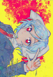  1girl animal_ears black_jacket blazer blue_hair bright_pupils closed_mouth collared_shirt floppy_ears highres itomugi-kun jacket long_sleeves looking_at_viewer necktie pink_background rabbit_ears rabbit_girl red_eyes red_necktie reisen_(touhou_bougetsushou) shirt short_hair sideways solo touhou upper_body white_pupils white_shirt yellow_background 