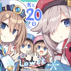  4girls blanc_(neptunia) blue_dress blue_eyes blue_hat blush_stickers brown_hair choushinjiku_game_neptune_unlimited closed_mouth commentary_request copyright_notice dress hair_over_one_eye hat highres long_hair looking_at_viewer multiple_girls nanameda_kei neptune_(series) official_art open_mouth pink_dress pink_hat ram_(neptunia) red_hat rom_(neptunia) rouge_(neptunia) short_hair signature smile snowflakes translation_request white_mouth 
