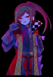 1boy absurdres armor black_background blood blood_on_face brown_hair commentary_request cowboy_shot half-closed_eyes hand_up high_ponytail highres japanese_armor jinbaori konyak9konnya9 kote kusazuri long_hair looking_at_viewer male_focus open_mouth ponytail red_eyes sekaiju_no_meikyuu sekaiju_no_meikyuu_3 shogun_(sekaiju) shogun_2_(sekaiju) simple_background smile solo standing 
