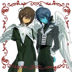  2others alternate_costume angel_wings arms_behind_back black_bow black_dress black_jacket blue_hair blue_skin bow brown_hair colored_skin commentary_request cross deltarune dress dual_persona hair_bow highres jacket juliet_sleeves kris_(dark_world)_(deltarune) kris_(deltarune) long_sleeves low_ponytail medium_hair multiple_others ogi_(sendi03_) other_focus partially_shaded_face ponytail puffy_sleeves red_eyes utdr_(toby_fox) white_wings wings 