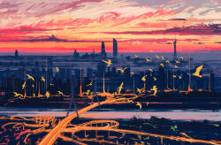  absurdres bird bridge building city_lights cityscape clouds cloudy_sky fangpeii highres no_humans original painterly scenery sky skyscraper sunset 