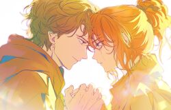  1girl absurdres blue_eyes brown_hair green_eyes highres holding_hands jean_grey long_hair looking_at_another marvel orange_hair peter_parker ponytail red_hair short_hair simple_background smile spider-man:_brand_new_day spider-man_(series) tears w2rom white_background x-men 