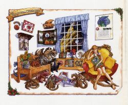  1girl baby_animal bare_arms bench black_cat blue_eyes blunt_bangs book braid cabinet calendar_(object) cat chair closed_eyes closed_mouth commentary_request curtains cushion dragon dress english_text floral_print floral_print_dress flower flower_pot hand_on_own_head hand_up highres indoors kinutani_yuu knees_together_feet_apart leaf looking_at_another looking_at_viewer looking_inside medium_hair on_bench on_chair open_book original photo_(object) picture_frame plant plate poster_(object) potted_plant print_dress red_dress red_eyes semi-rimless_eyewear short_dress sitting sleeping sleeping_animal sleeping_upright sleeveless sleeveless_dress smile sunflower sunflower_print sunglasses tomato traditional_media twin_braids window wooden_bench yellow_flower 