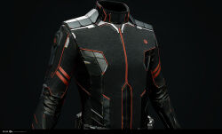  belt black_jacket blender_(medium) commentary company_logo copyright_logo copyright_name dark_background dated english_commentary eve_online grey_background highres jacket logo long_sleeves marmoset_toolbag_(medium) maya_(medium) minmatar_republic_(eve_online) no_humans official_art photorealistic realistic red_trim undoz upper_body zbrush_(medium) 