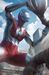  1boy bodysuit building clouds cloudy_sky comic_cover commentary cover cover_page english_commentary giant highres kaiju multicolored_bodysuit official_art signature silver_bodysuit silver_mask sky skyscraper stanley_lau textless_cover_page textless_version two-tone_bodysuit ultra_series ultraman 