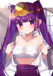  1girl bangs blunt_bangs blush bow breasts chest_sarashi closed_mouth eyebrows_visible_through_hair flower hair_flower hair_ornament headpiece highres long_hair looking_at_viewer midriff_sarashi pleated_skirt purple_hair puzzle_&amp;_dragons sarashi skirt twintails violet_eyes waon_(43ctw) window yomi_(p&amp;d) 