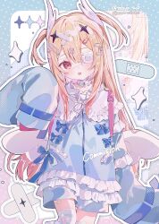  1girl :p bandaid bandaid_hair_ornament blonde_hair blue_border blue_bow blue_shirt blue_shorts blue_thighhighs blush border bow closed_mouth commentary_request commission cowboy_shot double-parted_bangs eyepatch frilled_shirt frills hair_between_eyes hair_ornament hairclip hand_up highres long_hair long_sleeves looking_at_viewer medical_eyepatch original outline outside_border over-kneehighs polka_dot_border red_eyes shirt shorts skeb_commission sleeves_past_fingers sleeves_past_wrists solo sparkle standing star_(symbol) star_hair_ornament striped_clothes striped_thighhighs thigh-highs tobun_sub tongue tongue_out twitter_username two_side_up typo watermark white_outline 