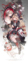  1girl absurdres ahoge animal animal_ears bead_necklace beads black_dress black_gloves black_ribbon black_shoes blonde_hair blunt_bangs bone_hair_ornament bottle bow bowtie brooch brown_eyes brown_hair candle candlestand cartoon_bone chain character_doll closed_eyes closed_mouth commission different_reflection dog dog_ears dog_girl doll dot_nose dress dual_persona eyeball eyeball_flower eyelashes fire flower frilled_dress frills gem ghost gloves hair_intakes hair_ornament hair_ribbon headdress high_heels highres holding holding_brush holding_makeup_brush jewelry key keyring kneehighs limited_palette long_hair looking_at_viewer makeup makeup_brush mihuashi_commission mirror moriyama_meiko multicolored_hair necklace original pearl pearl_necklace perfume_bottle puffy_short_sleeves puffy_sleeves red_bow red_bowtie red_fire red_flower red_pupils red_ribbon red_socks reflection ribbon ringlets rouge_(makeup) see-through_bow see-through_ribbon sheet_ghost shoes short_sleeves sidelocks skeletal_hand skeletal_hand_hair_ornament smile socks solo_focus streaked_hair twintails watermark white_dress white_flower wrist_cuffs 