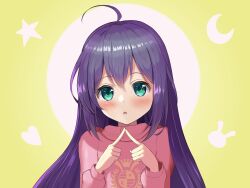  1girl ahoge blush commentary_request crescent green_eyes heart highres idolmaster idolmaster_million_live! index_fingers_together long_sleeves mochizuki_anna nuzuminn open_mouth pink_shirt purple_hair shirt solo star_(symbol) upper_body yellow_background 