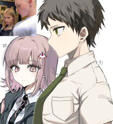  1boy 1girl ahoge breast_pocket brown_hair collared_shirt commentary_request danganronpa_(series) danganronpa_2:_goodbye_despair flipped_hair green_necktie highres hinata_hajime looking_at_another meme messy_hair nanami_chiaki necktie parody pink_hair pocket shirt tumi95i 