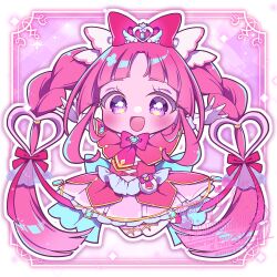  1girl :d blunt_bangs blush border bow bowtie braid chibi chibi_only commentary_request cure_mystique dress frilled_dress frills full_body gloves hair_bow kobayashi_mikuru long_hair looking_at_viewer magical_girl meitantei_precure! open_mouth outline outside_border outstretched_arms parted_bangs pink_bow pink_bowtie pink_dress pink_hair pink_shoes pleated_dress precure shoes smile solo spread_arms thigh-highs twin_braids umecha_0 very_long_hair violet_eyes watermark white_border white_gloves white_outline white_thighhighs 