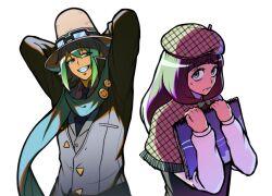  1boy aged_up ahoge arms_behind_head beret black_necktie blue_scarf bow brown_capelet brown_hair brown_hat buttons capelet closed_mouth coat collared_shirt commentary_request danganronpa_(series) danganronpa_another front_ponytail glasses goggles goggles_on_headwear green_eyes green_hair hat highres holding holding_sketchbook jacket korean_commentary long_hair long_sleeves necktie nervous nervous_sweating nijiue_iroha otori_teruya pin plaid_clothes pock5766 rainbow_print red_shirt scarf shirt short_hair simple_background sketchbook smile super_danganronpa_another_2 sweat vest white_background white_shirt 