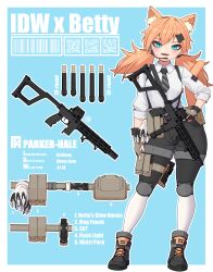  1girl absurdres ammunition ammunition_pouch animal_ears blue_eyes blush boots cat_ears cat_girl cat_tail contrapposto fangs fingerless_gloves full_body girls'_frontline_neural_cloud girls_frontline gloves green_gloves gun hair_ornament hairclip hand_on_own_hip headset highres idw_(girls'_frontline) knee_pads long_sleeves low_twintails necktie open_mouth parker-hale_idw pouch shirt shorts slit_pupils smile solo submachine_gun suspender_shorts suspenders tail twintails weapon white_shirt yonao 
