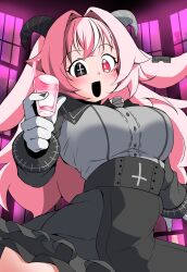  1girl :d absurdres alcohol animal_ears black_eyes black_shirt black_skirt blush breasts cabinet commentary_request cowboy_shot cross cross-shaped_pupils cross_print cup curvy demon_girl demon_horns drink drinking_glass femme_soule gloves goat_ears goat_girl grey_shirt hair_intakes heterochromia high-waist_skirt highres holding holding_cup holding_drink horns indoors large_breasts long_hair long_sleeves looking_at_viewer messy_hair miniskirt mismatched_pupils multicolored_hair oosono_chaka open_mouth pink_eyes pink_hair pukey_goddess_shot_trick shirt shirt_tucked_in shot_glass skirt smile solo streaked_hair symbol-shaped_pupils thick_thighs thighs two-tone_hair two-tone_shirt white_gloves white_hair wide_hips 