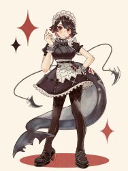  1girl absurdres apron black_dress black_hair black_pantyhose black_shoes bracelet candy chimney_(chimney0311) choker closed_mouth colored_inner_hair commentary dress ellen_joe fins fish_tail food food_in_mouth full_body hair_ornament hairclip hand_up high_heels highres jewelry lollipop lollipop_in_mouth looking_at_viewer maid maid_headdress mole mole_under_eye mouth_hold multicolored_hair nail_polish pantyhose puffy_short_sleeves puffy_sleeves red_eyes red_hair red_nails shark_girl shark_tail shoes short_hair short_sleeves simple_background solo sparkle spiked_bracelet spiked_choker spikes standing tail untranslatable_commentary waist_apron white_apron white_wrist_cuffs wrist_cuffs x_hair_ornament yellow_background zenless_zone_zero 