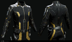 3d absurdres amarr_empire_(eve_online) belt black_bodysuit blender_(medium) bodysuit commentary company_logo copyright_logo copyright_name cowboy_shot dark_background dated english_commentary eve_online from_behind grey_background grey_belt highres logo long_sleeves marmoset_toolbag_(medium) maya_(medium) multiple_views no_humans official_art photorealistic realistic science_fiction undoz yellow_trim zbrush_(medium) 