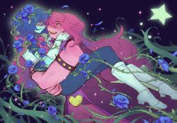  1girl 1other armlet armored_boots black_unitard blue_flower blue_hair blue_rose blue_skin boots bracelet cape carrying carrying_person colored_sclera colored_skin commentary deltarune english_commentary flower furry furry_female highres jewelry kris_(dark_world)_(deltarune) kris_(deltarune) long_hair medium_hair pink_cape plant purple_hair puupuu_zzztaro reptile_girl rose sharp_teeth smile spiked_armlet spiked_bracelet spikes star_(symbol) susie_(dark_world)_(deltarune) susie_(deltarune) teeth thorns utdr_(toby_fox) very_long_hair vines yellow_sclera 