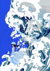  1girl abstract absurdres black_hair check_commentary closed_eyes commentary_request dress hat hato_(n_hat_mu) highres ocean original scenery sky strapless strapless_dress surreal water waves wind wind_lift 