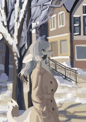  1girl animal_ears black_eyes blue_fur blue_hair brown_coat coat from_side furry furry_female hands_in_pockets highres house long_hair multicolored_fur ndfrskr no_lineart original outdoors snow solo tree upper_body white_fur window winter wolf_ears wolf_girl 