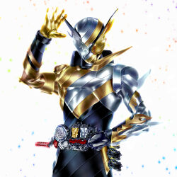  1boy armor armored_bodysuit asymmetrical_gloves black_bodysuit black_gloves bodysuit build_driver commentary_request compound_eyes fullbottle gloves gold_armor gold_gloves gold_rabbit_fullbottle grey_armor grey_eyes helmet heterochromia highres kamen_rider kamen_rider_build kamen_rider_build_(series) kamen_rider_build_trial_form_(rabbitdragon) kuzurx mismatched_gloves multicolored_armor rider_belt silver_dragon_fullbottle solo tokusatsu waving yellow_eyes 