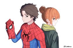  1boy 1girl black_hair bodysuit brown_eyes commentary english_commentary fukaigreen green_eyes green_jacket highres jacket jean_grey looking_at_another marvel mask peter_parker ponytail red_hair short_hair side-by-side simple_background smile spider-man spider-man:_brand_new_day spider-man_(series) superhero_costume unworn_mask x-men 