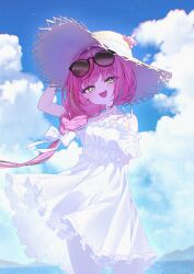  1girl :d absurdres arm_behind_back arm_up blue_sky bow braid clouds cloudy_sky commentary cowboy_shot day dress earrings eyewear_on_head floating_clothes frilled_dress frills green_eyes hair_bow hair_intakes hanako_nana hat hat_ornament heart heart_earrings highres jewelry long_hair looking_at_viewer off-shoulder_dress off_shoulder open_mouth outdoors overlighting peto_(hanako_nana) pink_hair short_sleeves single_braid sky smile solo standing stellive straw_hat summer sunglasses virtual_youtuber white_bow white_dress wind yioro 