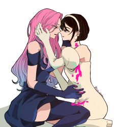  2girls alien_stage black_dress black_gloves black_hair black_thighhighs blood blood_on_clothes blood_on_neck blue_hair bob_cut clothing_cutout colored_blood commentary dress earrings elbow_gloves gloves gradient_hair hairband highres jewelry mizi_(alien_stage) multicolored_hair multiple_girls niso_oksnmn pink_blood pink_hair short_hair short_sleeves shoulder_cutout signature sitting strapless strapless_dress sua_(alien_stage) thigh-highs violet_eyes white_dress white_gloves white_hairband yellow_eyes 