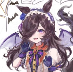  1girl animal_ears bat_(animal) bat_wings black_gloves blue_flower blue_rose blush bow brown_hair claw_pose commentary_request fangs flipped_hair flower frilled_hairband frills gloves hair_over_one_eye hairband highres horse_ears horse_girl kk_(pixiv_83235599) long_hair looking_at_viewer official_alternate_costume open_mouth puffy_short_sleeves puffy_sleeves purple_wings rice_shower_(umamusume) rice_shower_(vampire_makeover!)_(umamusume) rose shirt short_sleeves smile solo teeth umamusume upper_teeth_only violet_eyes white_shirt wings 