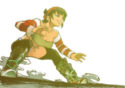  1girl black_hair boots breasts cyrano_(aazzss3) dark-skinned_female dark_skin fighting_stance highres jacket large_breasts looking_to_the_side open_clothes open_jacket original playing_sports ponytail simple_background smile solo solo_focus spread_legs squatting tan teeth thigh-highs upper_teeth_only wrestler wrestling wrestling_outfit 