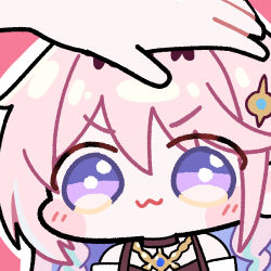  1boy 1girl :3 chibi chibi_only closed_mouth colored_inner_hair commentary denia_(wuthering_waves) hair_ornament headpat long_hair multicolored_hair pink_background pink_hair purple_hair simple_background sticker_(medium) twomoon violet_eyes wuthering_waves 