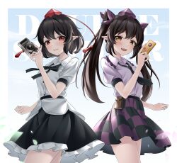  2girls black_bow black_bowtie black_hair black_necktie black_skirt blush bow bowtie brown_hair camera collared_shirt english_commentary frills hand_up hat highres himekaidou_hatate holding holding_camera holding_phone long_hair looking_at_viewer medium_hair mfng235717 multiple_girls necktie parted_lips phone plaid_clothes plaid_skirt pointy_ears purple_shirt purple_skirt red_eyes shameimaru_aya shirt short_sleeves skirt smile teeth thighs tokin_hat touhou twintails two-tone_skirt upper_teeth_only white_shirt yellow_eyes 