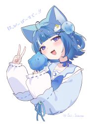  1girl :d ahoge animal animal_ears blue_hair blue_ribbon blunt_bangs blush bow cat_ears choker commentary creature cropped_torso fang frilled_sailor_collar frills hair_ornament hand_up head_tilt highres indie_virtual_youtuber jellyfish_hair_ornament kurageu_roa long_sleeves looking_at_viewer on_shoulder open_mouth puffy_long_sleeves puffy_sleeves ribbon ribbon_choker sai_saburou sailor_collar shirt short_hair sleeves_past_wrists smile solo twitter_username untranslatable_commentary upper_body v violet_eyes virtual_youtuber white_background 