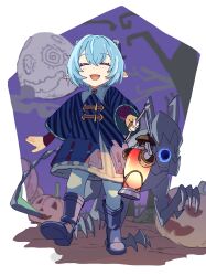  1girl 1other absurdres aged_down alternate_costume animal_ears blue_dress blue_hair blush chestnut_(zenless_zone_zero) closed_eyes commentary_request dress ethereal_(zenless_zone_zero) full_moon gnggnggng268131 goat_ears goat_girl goat_horns hair_between_eyes halloween highres holding horns lucia_elowen moon night open_mouth outdoors pointy_ears pumpkin short_hair smile tree zenless_zone_zero 