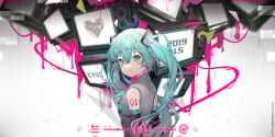  1girl absurdres blue_eyes blue_hair blue_trim closed_mouth collared_shirt dated detached_sleeves eyelashes grey_shirt hair_between_eyes hatsune_miku headset highres long_hair long_sleeves looking_at_viewer makeup moriyama_meiko number_tattoo rouge_(makeup) shirt shoulder_tattoo sidelocks smile solo tattoo tears television twintails unknown_mother_goose_(vocaloid) upper_body very_long_hair vocaloid 