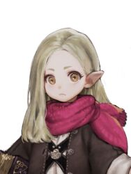  1girl black_jacket blonde_hair book closed_mouth commentary_request cropped eyelashes fantasy hair_behind_ear highres holding holding_book jacket jun_(navigavi) long_hair long_sleeves looking_at_viewer original pink_scarf pointy_ears scarf shirt simple_background solo upper_body white_background white_shirt wide_sleeves yellow_eyes 