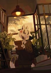  1girl absurdres animal_ears backpack bag black_eyes black_hair black_hoodie book book_stack bookshelf flower furry furry_female hair_between_eyes hair_flower hair_ornament highres holding holding_book hood hoodie indoors ladder library multicolored_hair ndfrskr no_lineart one_side_up open_mouth original plant potted_plant solo tail turning_head two-tone_hair white_hair window 