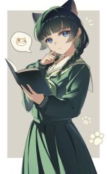  1girl absurdres animal_ears blue_eyes book border braid cat_ears cat_girl chinese_commentary closed_mouth commentary_request freckles green_neckerchief green_shirt green_skirt highres holding holding_book kanvien kemonomimi_mode kusuriya_no_hitorigoto long_hair long_sleeves looking_at_viewer maomao_(kusuriya_no_hitorigoto) neckerchief notice_lines outside_border sailor_collar shirt skirt solo speech_bubble spoken_animal twin_braids white_border white_sailor_collar 