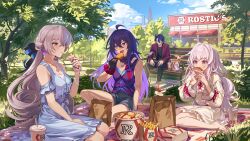  1boy 3girls ahoge bad_source black_gloves black_hair blue_dress blue_eyes bronya_rand chicken_(food) clara_(honkai:_star_rail) clothing_cutout commentary_request dress drink earrings eating food french_fries fried_chicken gloves grey_eyes grey_hair haekchi half_updo highres holding holding_food honkai:_star_rail honkai_(series) jacket jewelry long_hair multiple_girls on_bench on_ground outdoors picnic red_jacket russian_commentary sampo_koski seele_(honkai:_star_rail) shoulder_cutout sitting tree white_dress white_hair 