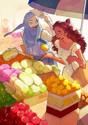  2girls absurdres bag box brown_bag brown_eyes brown_hair cabbage cardboard_box carrot commentary day dress english_commentary food fruit hana_(winchestermegg) highres hijab holding holding_food holding_paper holding_vegetable lemon long_hair looking_at_another market_stall mera_(winchestermegg) multiple_girls open_mouth original outdoors paper purple_hijab short_sleeves teeth tomato umbrella vegetable white_dress winchestermegg 