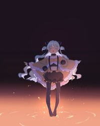  1girl animal_ears beanie black_background boots bow bubble_skirt capelet closed_eyes commentary crop_top fake_animal_ears fingerless_gloves full_body fur-trimmed_capelet fur_trim gloves gradient_background hat highres light_particles long_hair magical_girl mahou_shoujo_madoka_magica mahou_shoujo_madoka_magica:_hangyaku_no_monogatari midriff momoe_nagisa momoe_nagisa_(magical_girl) orange_background outstretched_arms pantyhose pianzu_mao polka_dot polka_dot_pantyhose pom_pom_(clothes) pom_pom_beanie ripples skirt solo spread_arms standing suspenders two_side_up untranslatable_commentary white_hair 