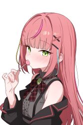  1girl absurdres aqua_streaks armpit_crease black_jacket blush bow bowtie candy center_frills collared_shirt commentary_request food food_in_mouth frilled_shirt frills from_side green_eyes green_streaks grey_shirt hair_ornament hanako_nana hand_up highres holding holding_candy holding_food holding_lollipop jacket jacket_partially_removed korean_commentary lollipop lollipop_in_mouth long_hair long_sleeves looking_at_viewer looking_to_the_side multicolored_hair pink_bow pink_bowtie pink_hair pink_streaks plaid_bow plaid_bowtie plaid_clothes saho_4545 shirt sideways_glance simple_background sleeveless sleeveless_shirt solo stellive straight_hair streaked_hair upper_body virtual_youtuber white_background x_hair_ornament 