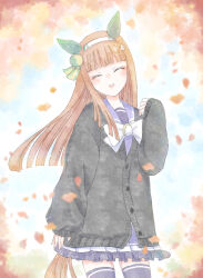  1girl animal_ears autumn autumn_leaves black_cardigan blunt_bangs bow bowtie cardigan closed_eyes commentary_request cowboy_shot ear_covers facing_viewer falling_leaves frilled_skirt frills hair_ornament hairband head_tilt horse_ears horse_girl horse_tail leaf long_hair long_sleeves open_mouth orange_hair orange_tail pleated_skirt purple_sailor_collar purple_shirt purple_skirt purple_thighhighs rosa_games_ss sailor_collar school_uniform shirt silence_suzuka_(umamusume) skirt sleeves_past_wrists smile solo tail thigh-highs tracen_school_uniform umamusume white_bow white_bowtie white_hairband zettai_ryouiki 