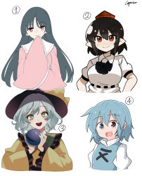  4girls black_bow black_bowtie black_hair black_hat blue_eyes blue_vest bow bowtie breasts brown_hair closed_mouth collared_shirt commentary_request disembodied_eye eyeball frilled_shirt_collar frilled_sleeves frills green_eyes green_hair hair_between_eyes hat hat_bow heterochromia highres houraisan_kaguya juliet_sleeves kapuri_(capuriwa) komeiji_koishi long_hair long_sleeves looking_at_viewer medium_breasts medium_hair multiple_girls open_mouth parody pink_shirt pointy_ears puffy_short_sleeves puffy_sleeves red_eyes red_hat shameimaru_aya shirt short_sleeves signature smile style_parody tatara_kogasa tokin_hat touhou very_long_hair vest white_shirt wide_sleeves yellow_bow yellow_shirt 