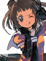  1girl :q ;q bad_drawr_id bad_id black_gloves black_necktie brown_eyes brown_hair brown_shirt elbow_gloves gloves hair_bun hands_up kantai_collection looking_at_viewer naka_(kancolle) necktie oekaki one_eye_closed puffy_short_sleeves puffy_sleeves rigging sailor_collar school_uniform shirt short_hair short_sleeves solo tongue tongue_out upper_body v white_background white_sailor_collar yoyoyotto 