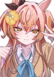  1girl :3 animal_ears blue_bow blue_bowtie blush bow bowtie brown_cardigan brown_ribbon cardigan closed_mouth commentary disney_o626 ear_bow ear_ribbon flower gyaru gyaru_v hair_flower hair_ornament hands_up highres horse_ears horse_girl long_hair long_sleeves looking_at_viewer mayano_top_gun_(umamusume) orange_eyes orange_hair ribbon shirt smile solo two_side_up umamusume upper_body v v-shaped_eyebrows v_over_eye white_background white_shirt 
