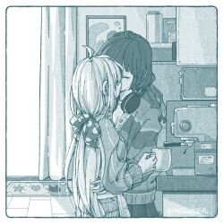  2girls ahoge bocchi_the_rock! bow closed_eyes commentary_request cup curtains espresso_machine greyscale hair_bow hand_on_another's_waist headphones headphones_around_neck holding holding_cup ijichi_nijika indoors kiss long_hair mole mole_under_eye monochrome moriinakasa multiple_girls short_hair sweater yamada_ryo yuri 